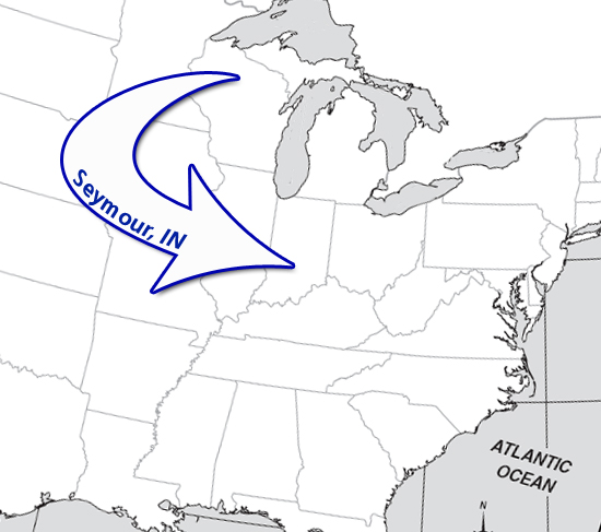 Seymour, Indiana in a U.S.A. map